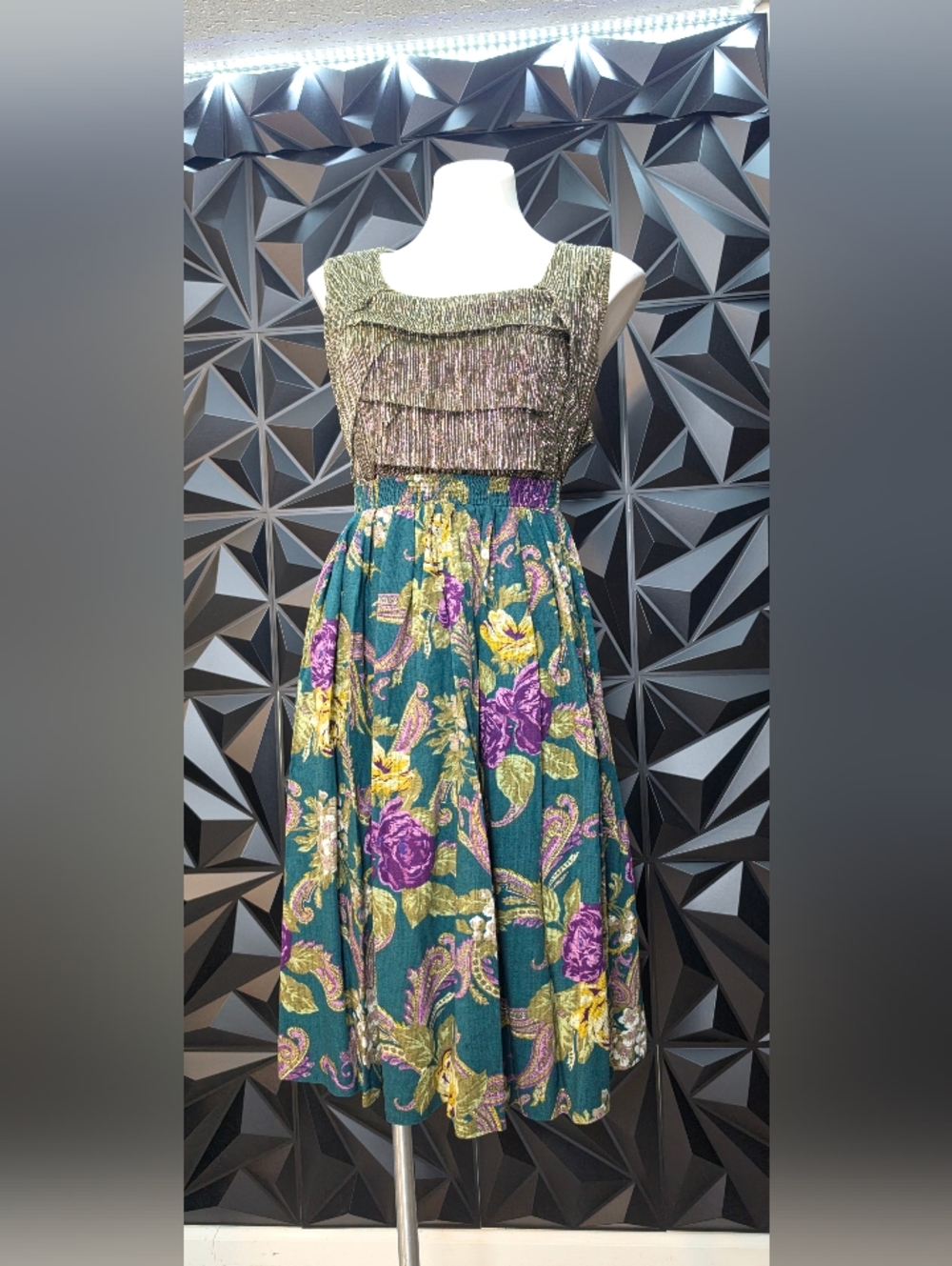 Alfred Dunner Green Floral Midi Dress with Purple and Yellow Accents